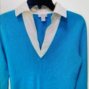 INVESTMENTS FINE 100% CASHMERE SWEATER IVORY SILK V NECK TOP SIZE XS